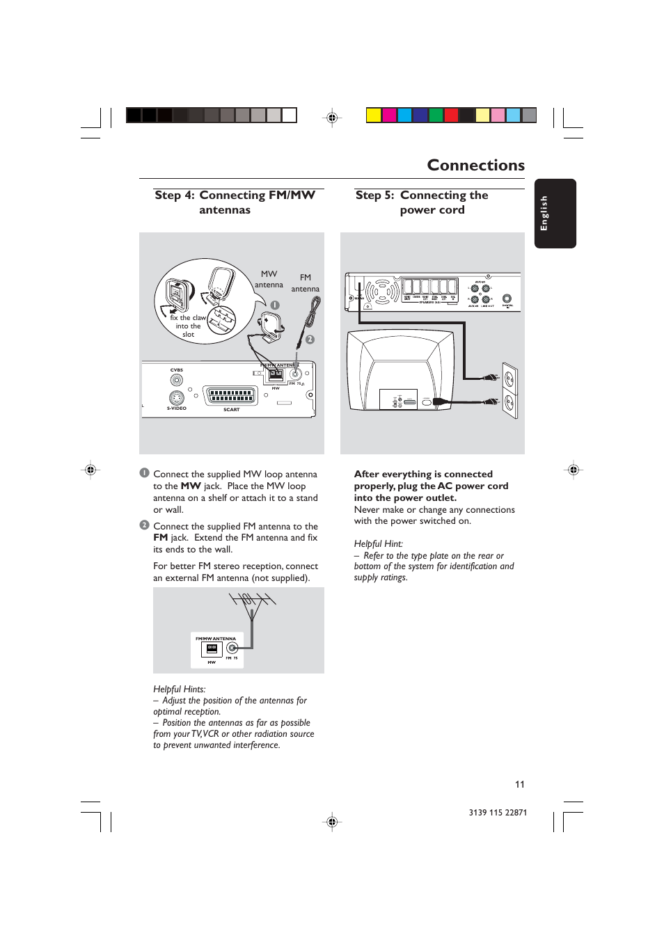 Connections, Step 5: connecting the power cord, Step 4: connecting fm/mw antennas 1 | Philips LX3900SA User Manual | Page 11 / 49