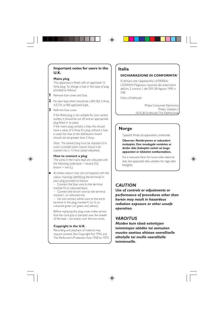Norge, Italia, Caution | Varoitus | Philips LX3900SA User Manual | Page 2 / 49