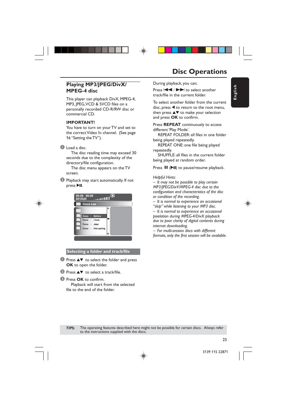 Disc operations, Playing mp3/jpeg/divx/ mpeg-4 disc | Philips LX3900SA User Manual | Page 25 / 49