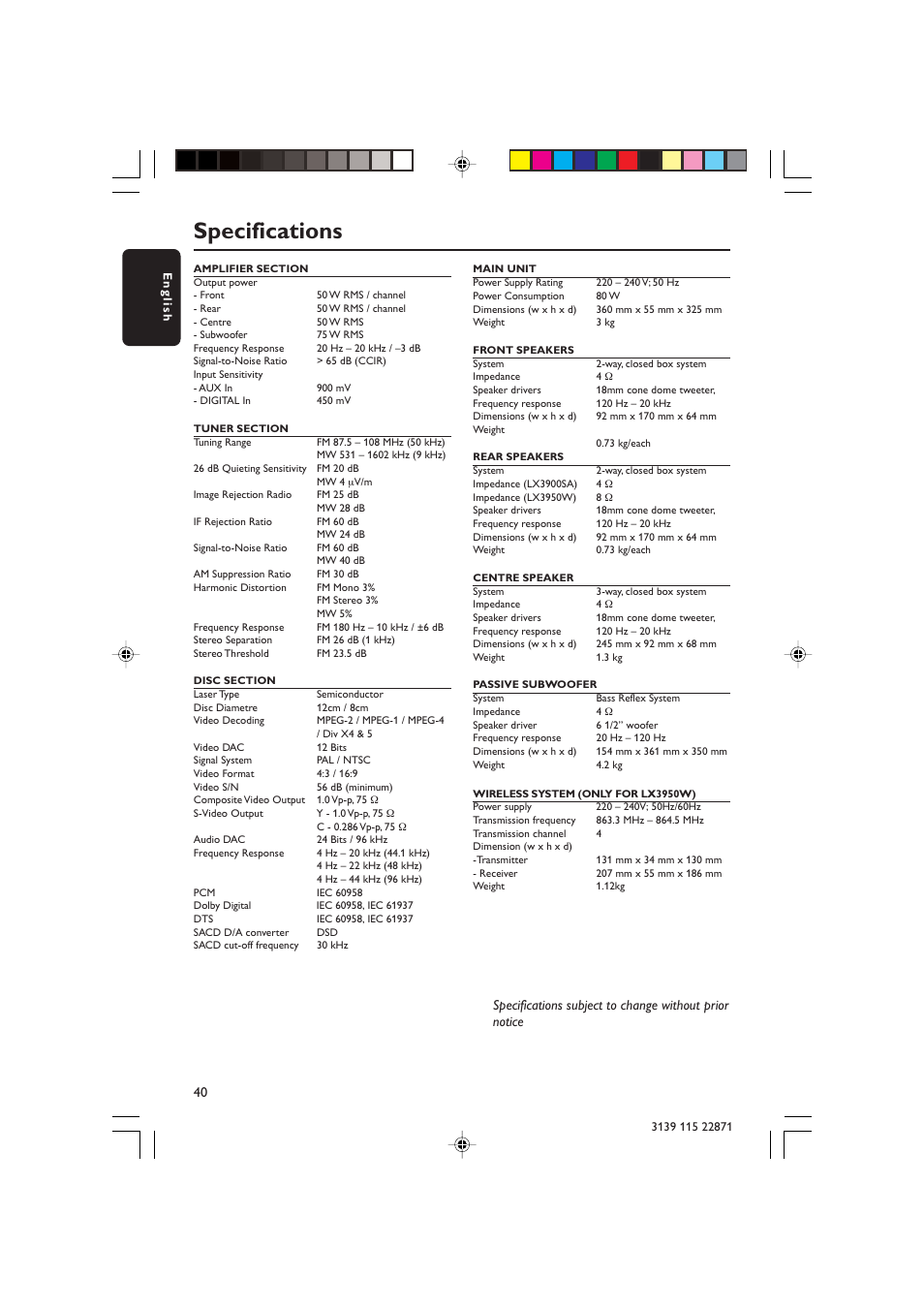 Specifications | Philips LX3900SA User Manual | Page 40 / 49