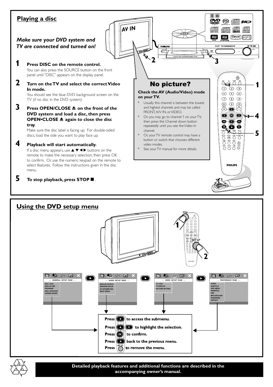 Playing a disc, No picture, Using the dvd setup menu | Press disc on the remote control, Playback will start automatically, Check the av (audio/video) mode on your tv | Philips LX3900SA User Manual | Page 43 / 49