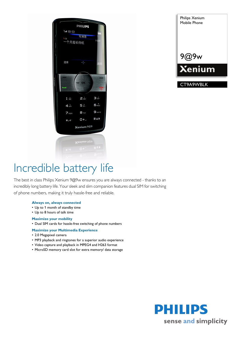 Philips Xenium CT9A9WBLK User Manual | 3 pages