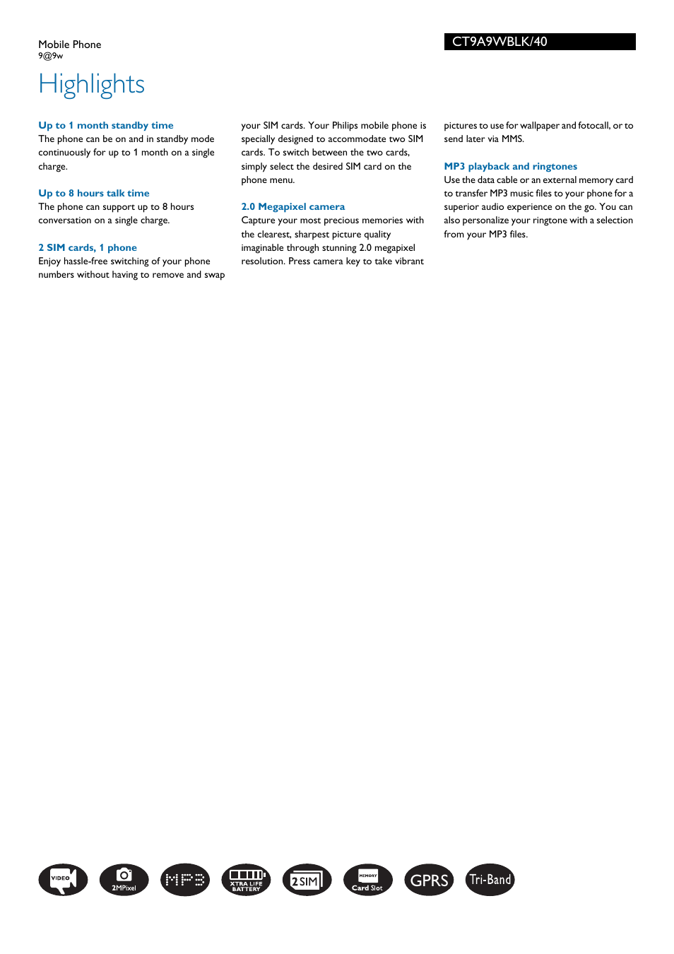 Highlights, Gprs | Philips Xenium CT9A9WBLK User Manual | Page 2 / 3