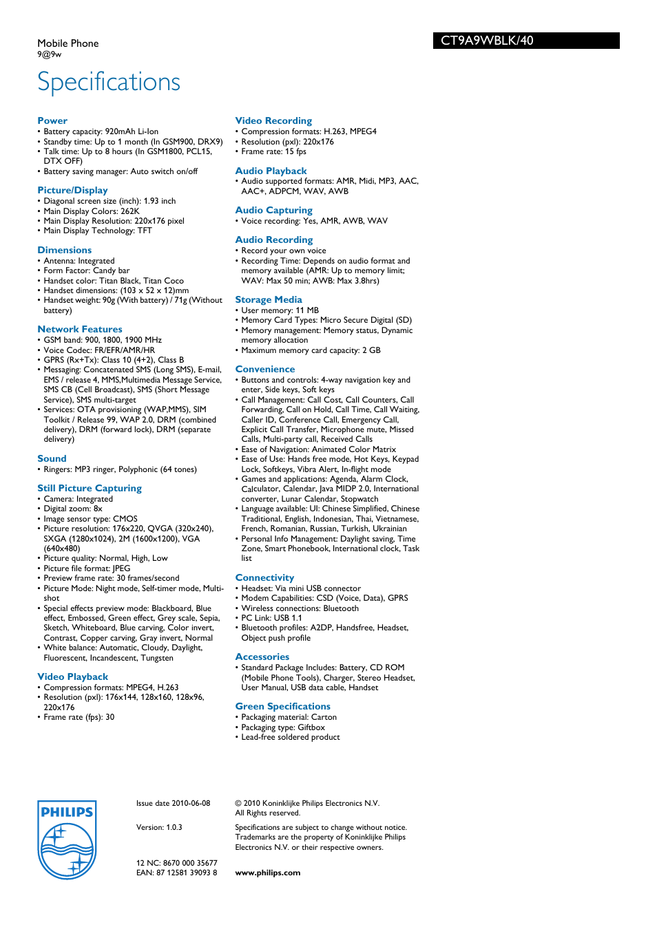 Specifications, Ct9a9wblk/40 | Philips Xenium CT9A9WBLK User Manual | Page 3 / 3