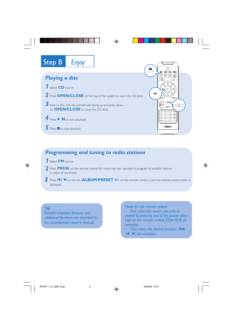 Step b, Enjoy, Playing a disc | Programming and tuning to radio stations | Philips BTM177 User Manual | Page 3 / 4