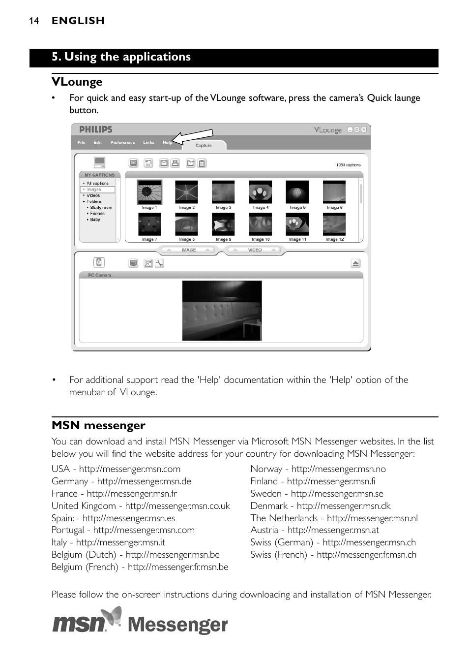 Using the applications vlounge, Msn messenger | Philips SPC900NC/27 User Manual | Page 14 / 22