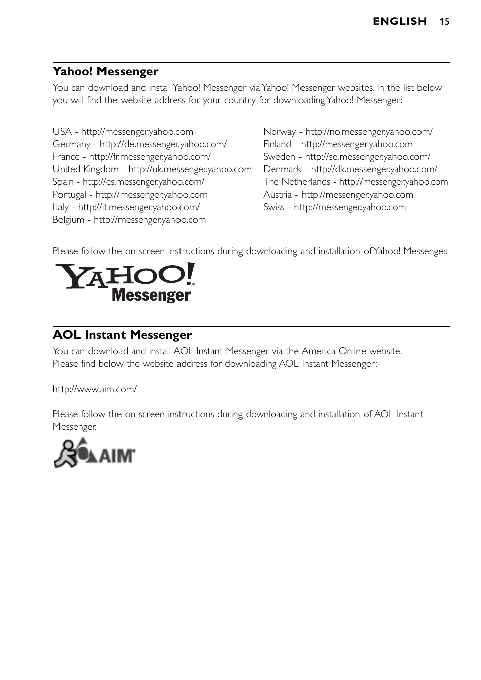Yahoo! messenger, Aol instant messenger | Philips SPC900NC/27 User Manual | Page 15 / 22