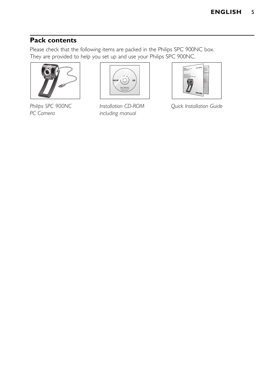 Pack contents, English | Philips SPC900NC/27 User Manual | Page 5 / 22