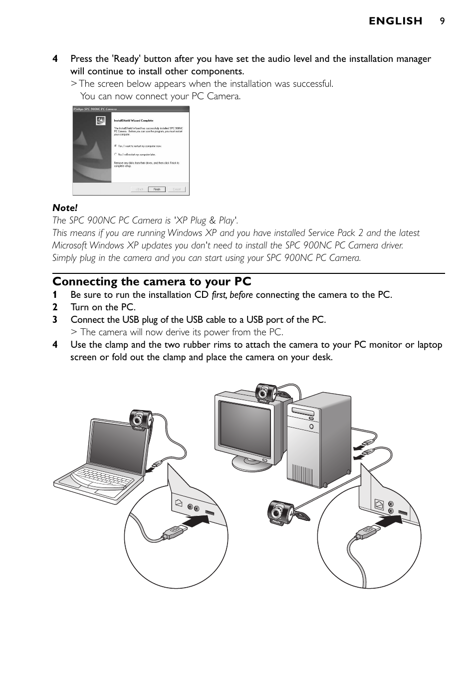 Connecting the camera to your pc | Philips SPC900NC/27 User Manual | Page 9 / 22