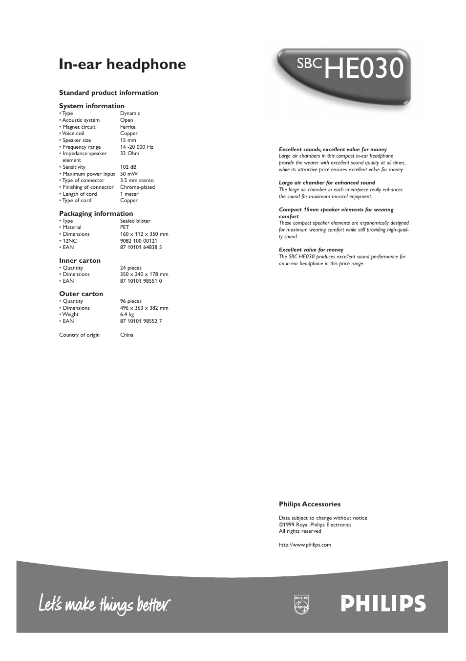 He030, In-ear headphone | Philips EarGear SBCHE030 User Manual | Page 2 / 2