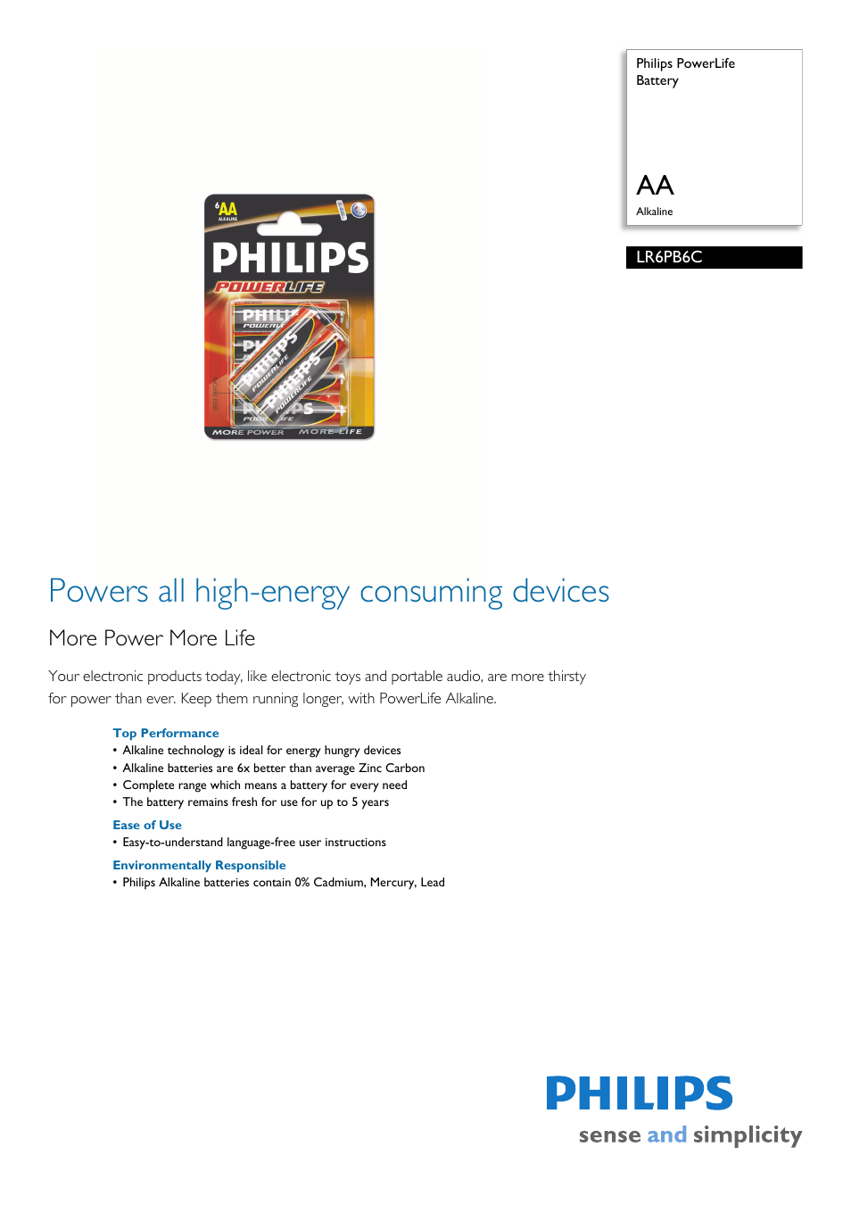 Philips Power Life LR6PB6C User Manual | 2 pages