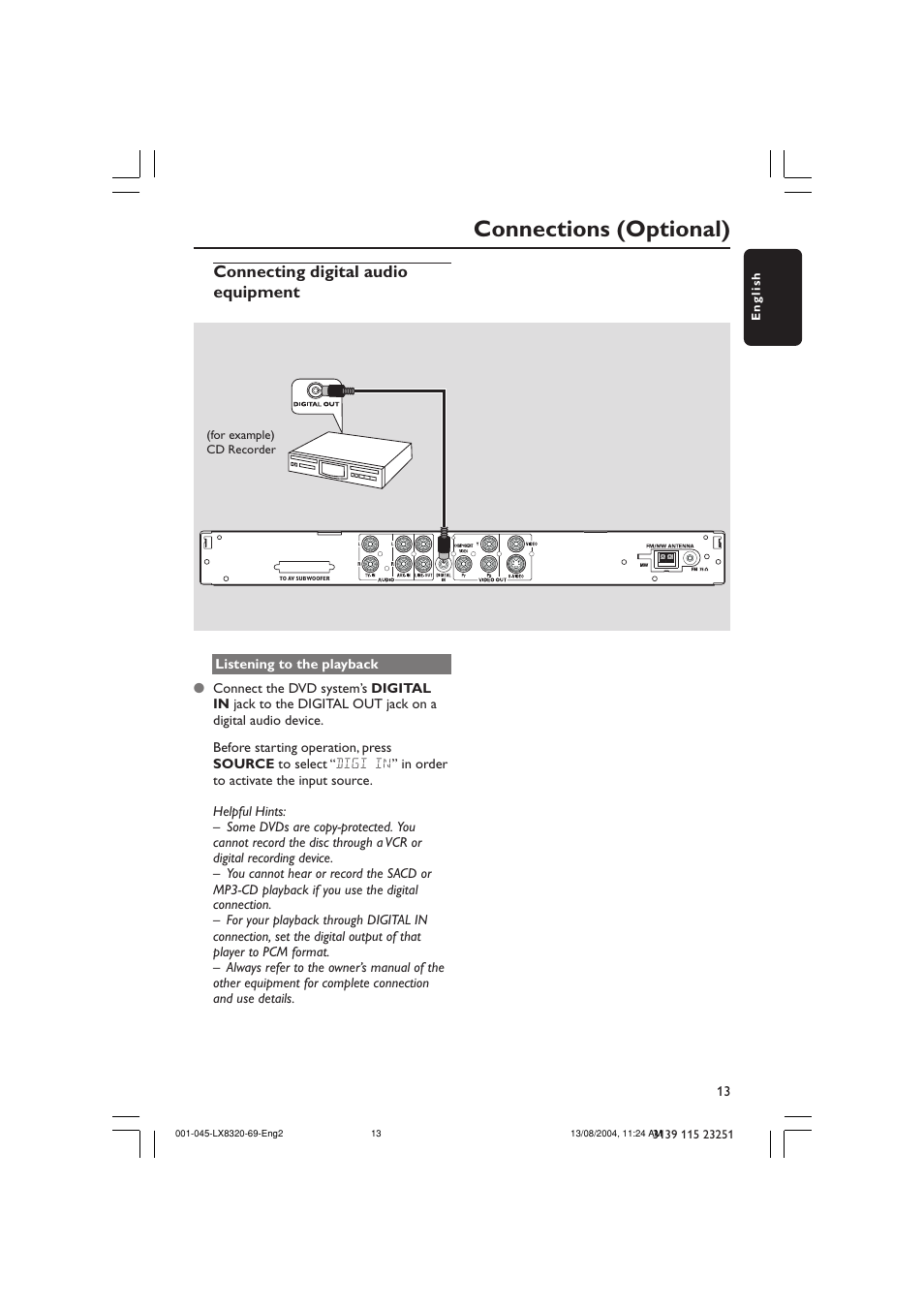 Connections (optional), Connecting digital audio equipment | Philips LX8320 User Manual | Page 13 / 49