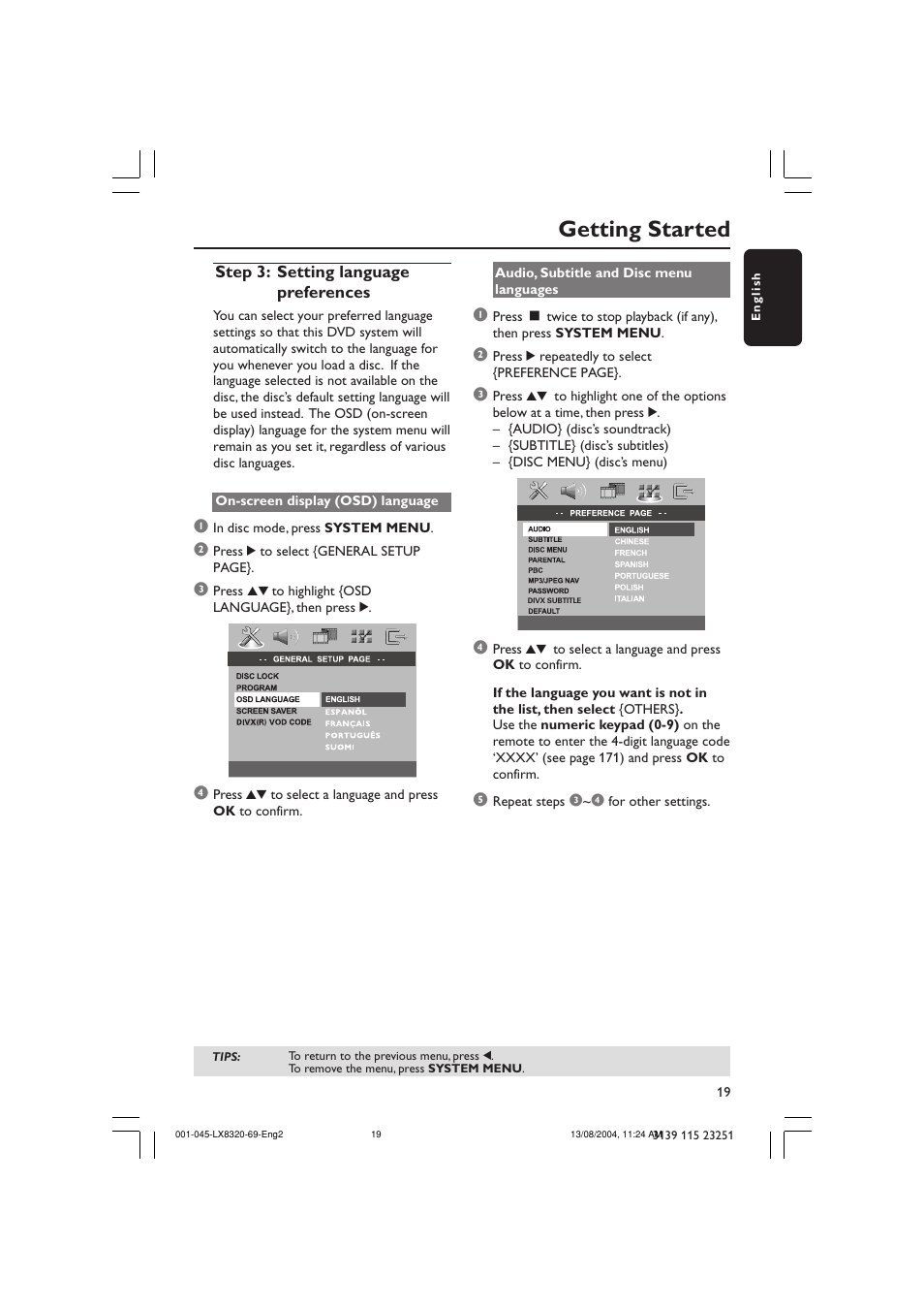 Getting started | Philips LX8320 User Manual | Page 19 / 49