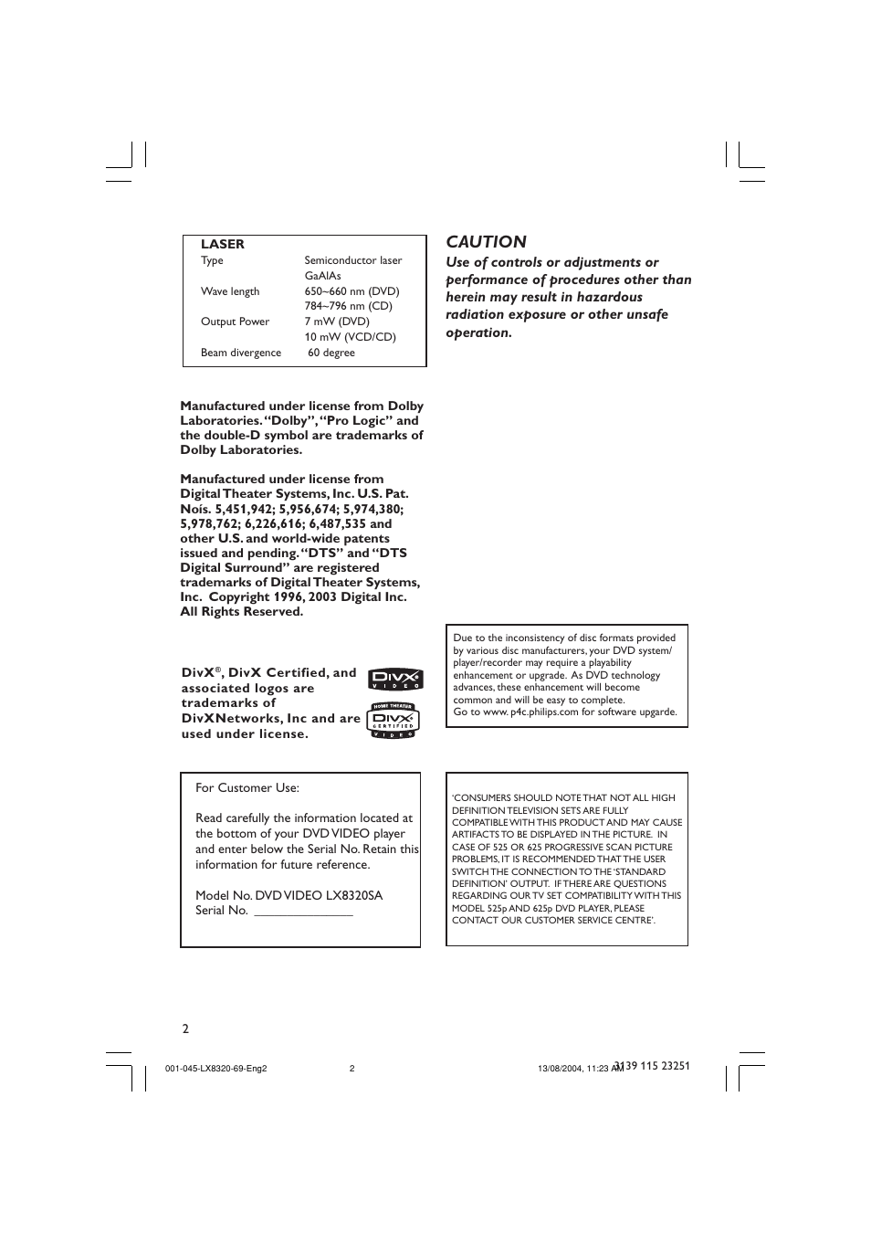 Caution | Philips LX8320 User Manual | Page 2 / 49