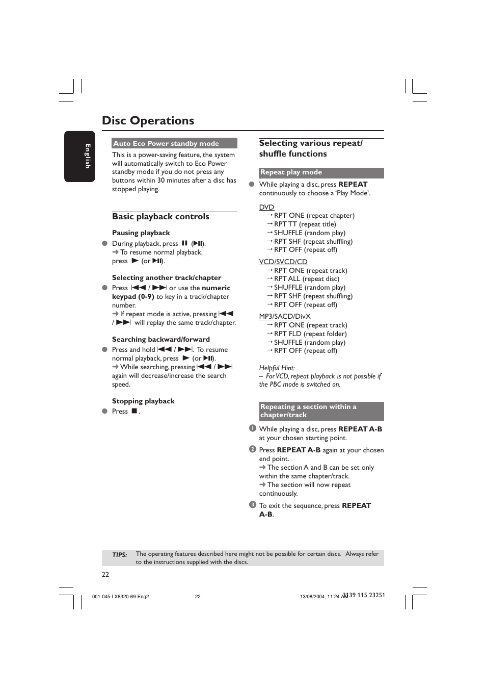 Disc operations | Philips LX8320 User Manual | Page 22 / 49