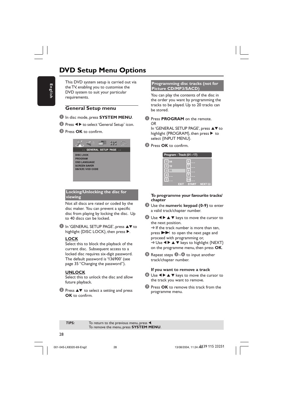 Dvd setup menu options | Philips LX8320 User Manual | Page 28 / 49