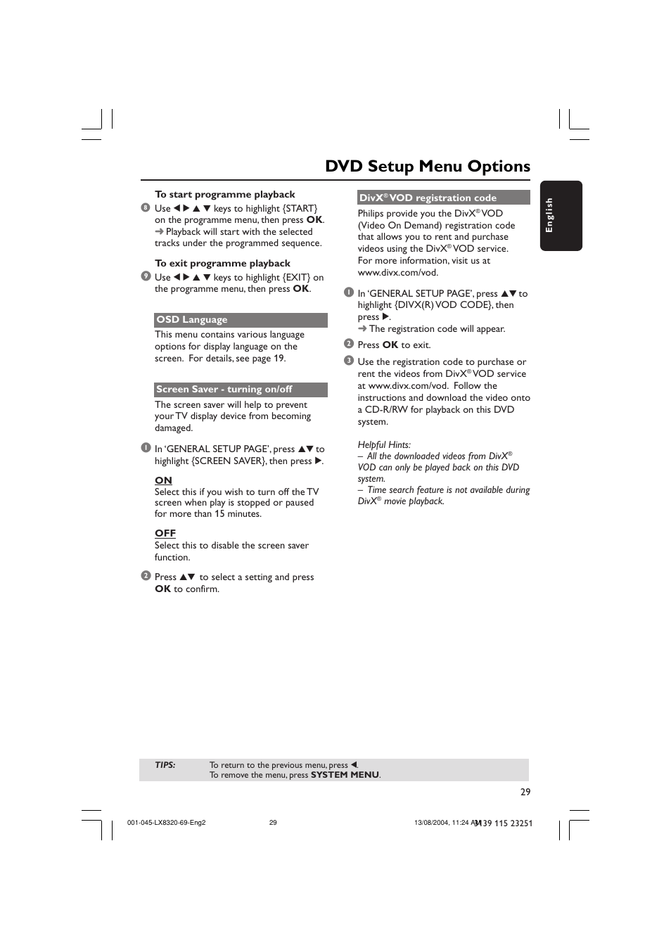 Dvd setup menu options | Philips LX8320 User Manual | Page 29 / 49