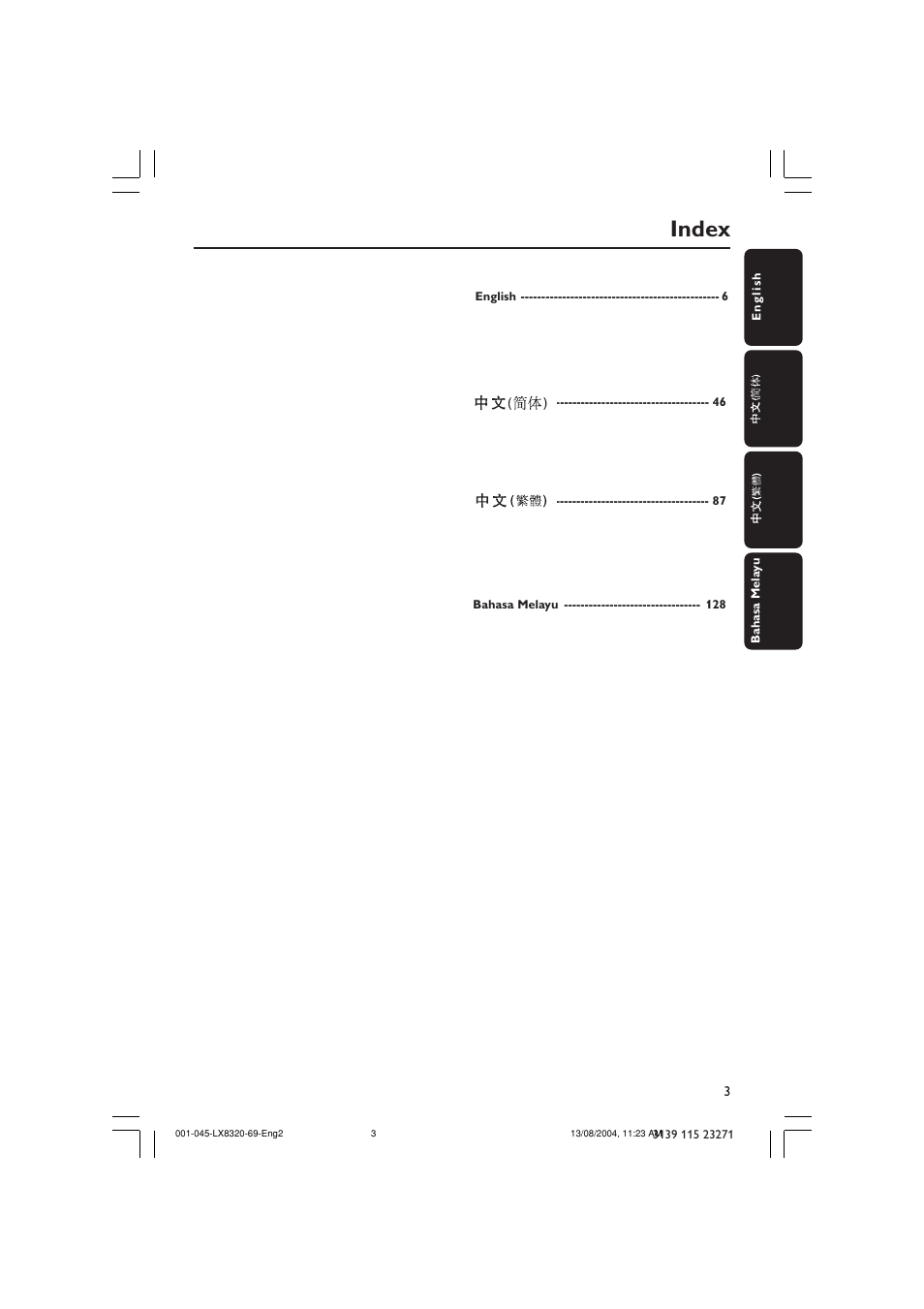 Index | Philips LX8320 User Manual | Page 3 / 49