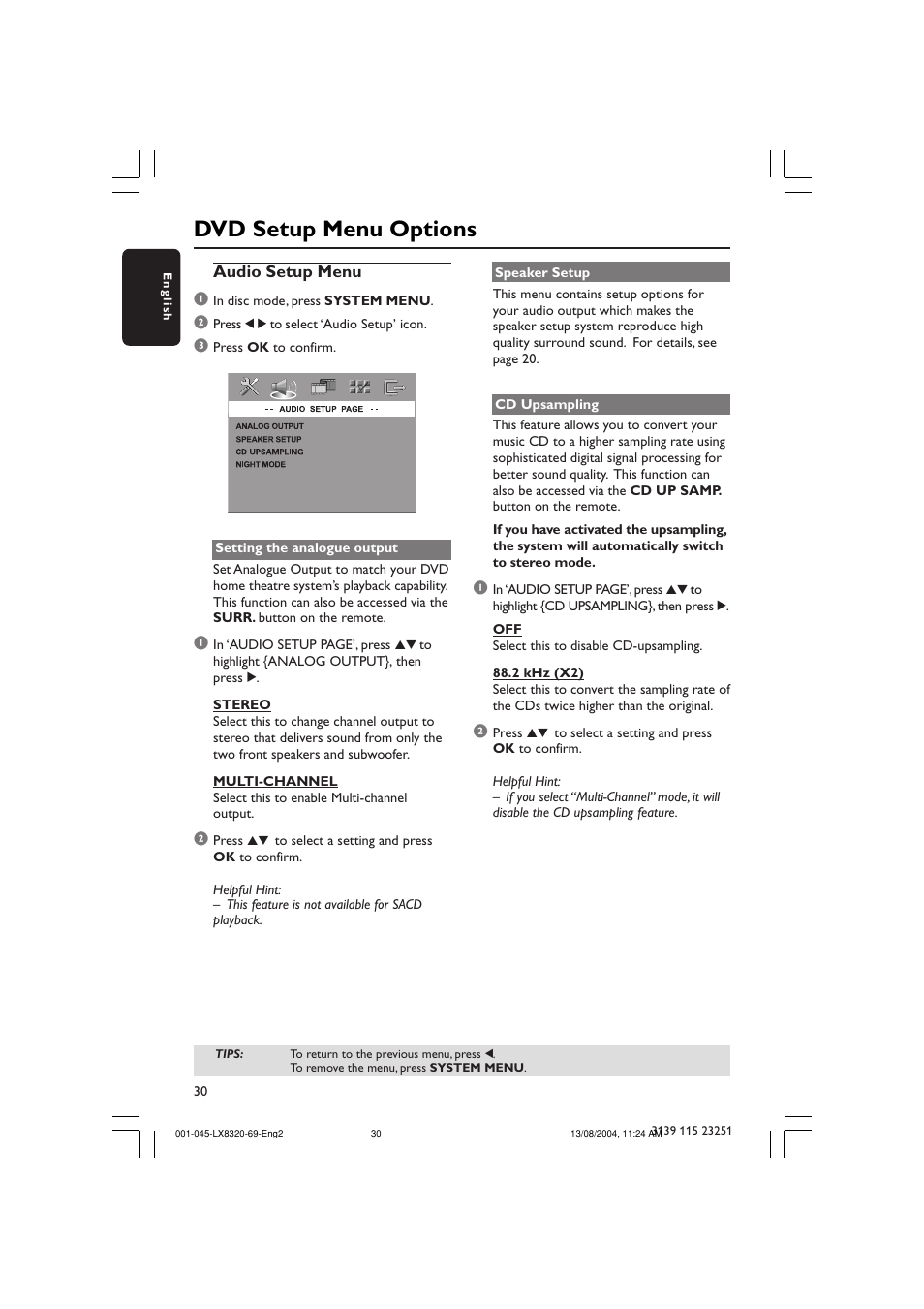 Dvd setup menu options | Philips LX8320 User Manual | Page 30 / 49