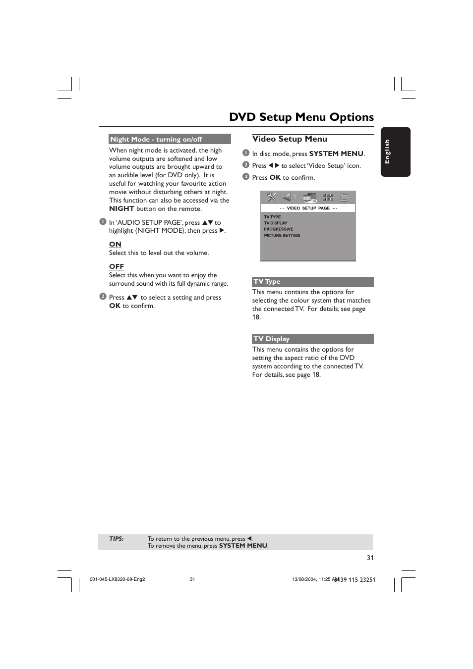 Dvd setup menu options | Philips LX8320 User Manual | Page 31 / 49