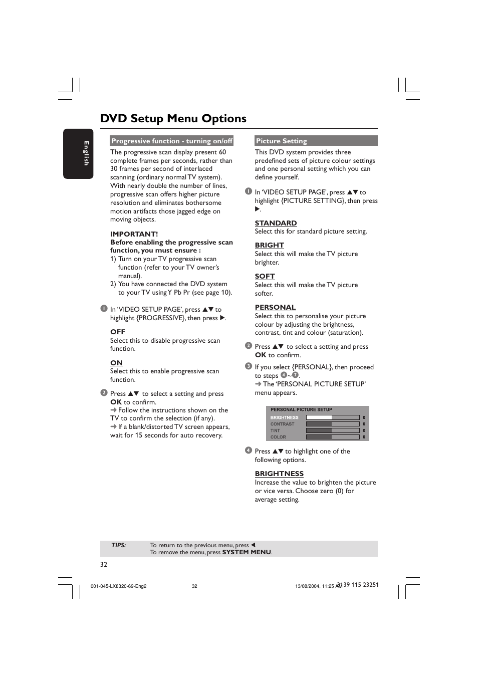 Dvd setup menu options | Philips LX8320 User Manual | Page 32 / 49