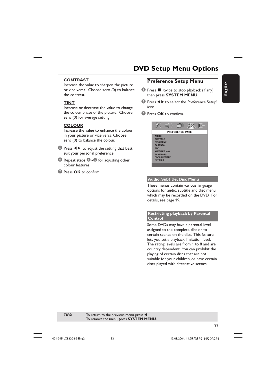 Dvd setup menu options | Philips LX8320 User Manual | Page 33 / 49