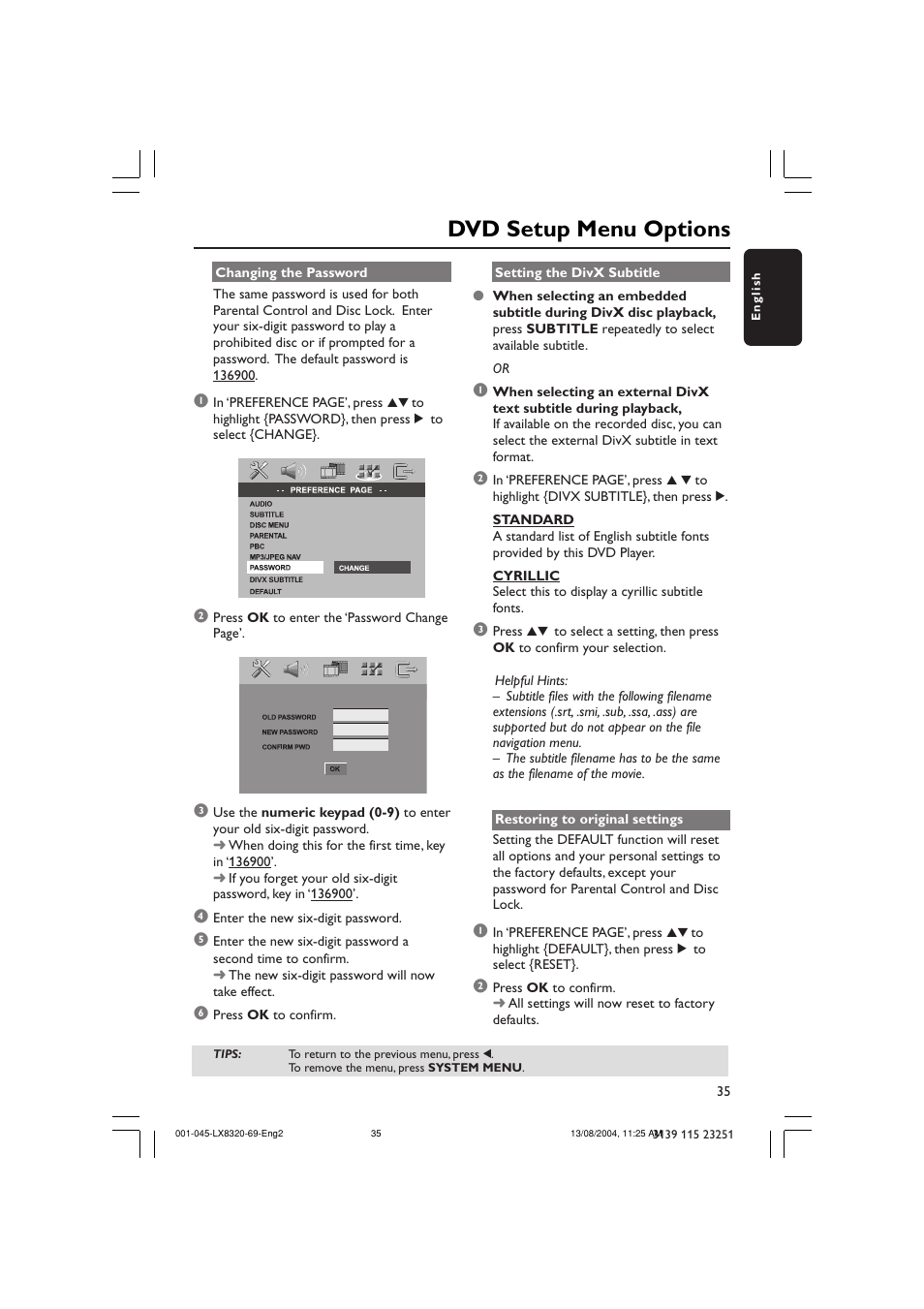 Dvd setup menu options | Philips LX8320 User Manual | Page 35 / 49