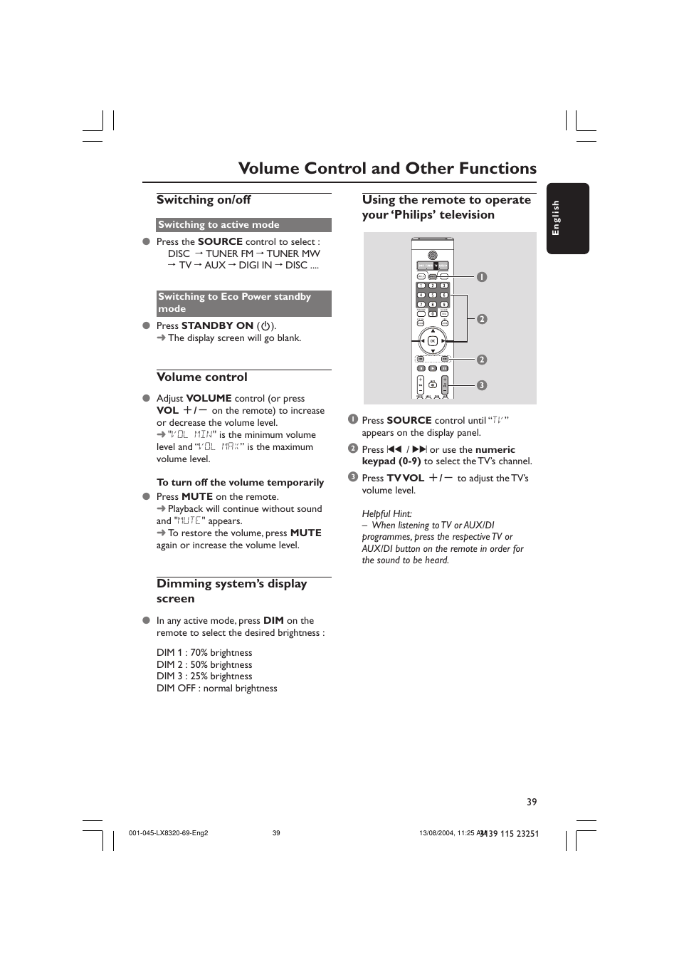 Volume control and other functions | Philips LX8320 User Manual | Page 39 / 49