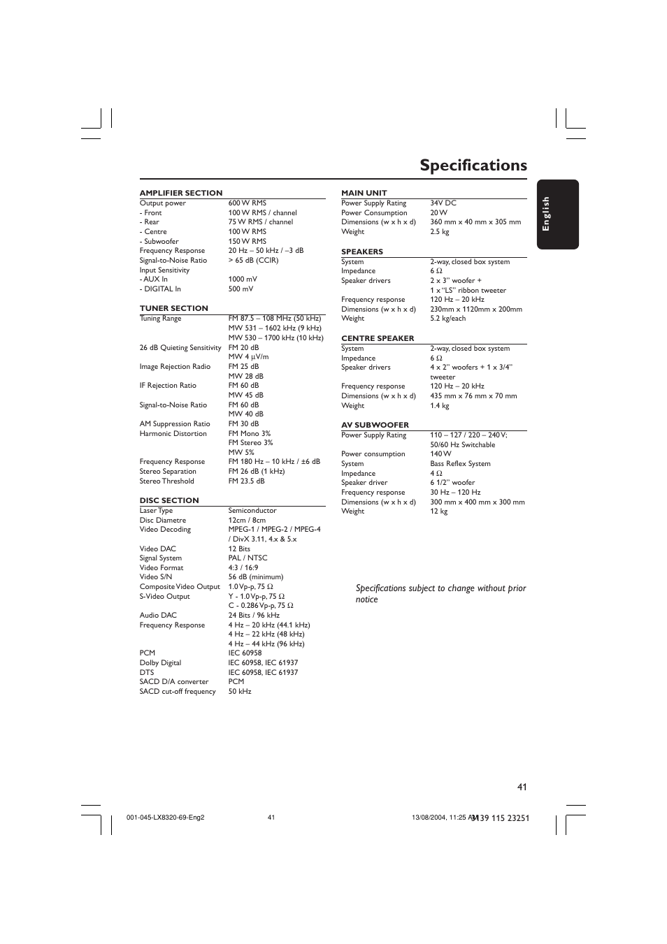 Specifications | Philips LX8320 User Manual | Page 41 / 49