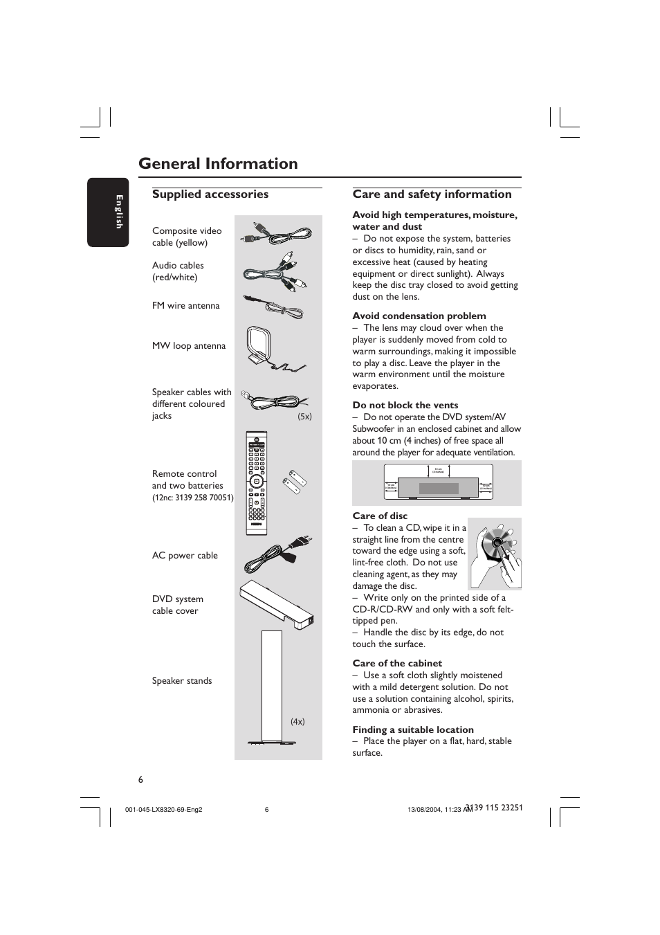 General information, Supplied accessories, Care and safety information | Philips LX8320 User Manual | Page 6 / 49