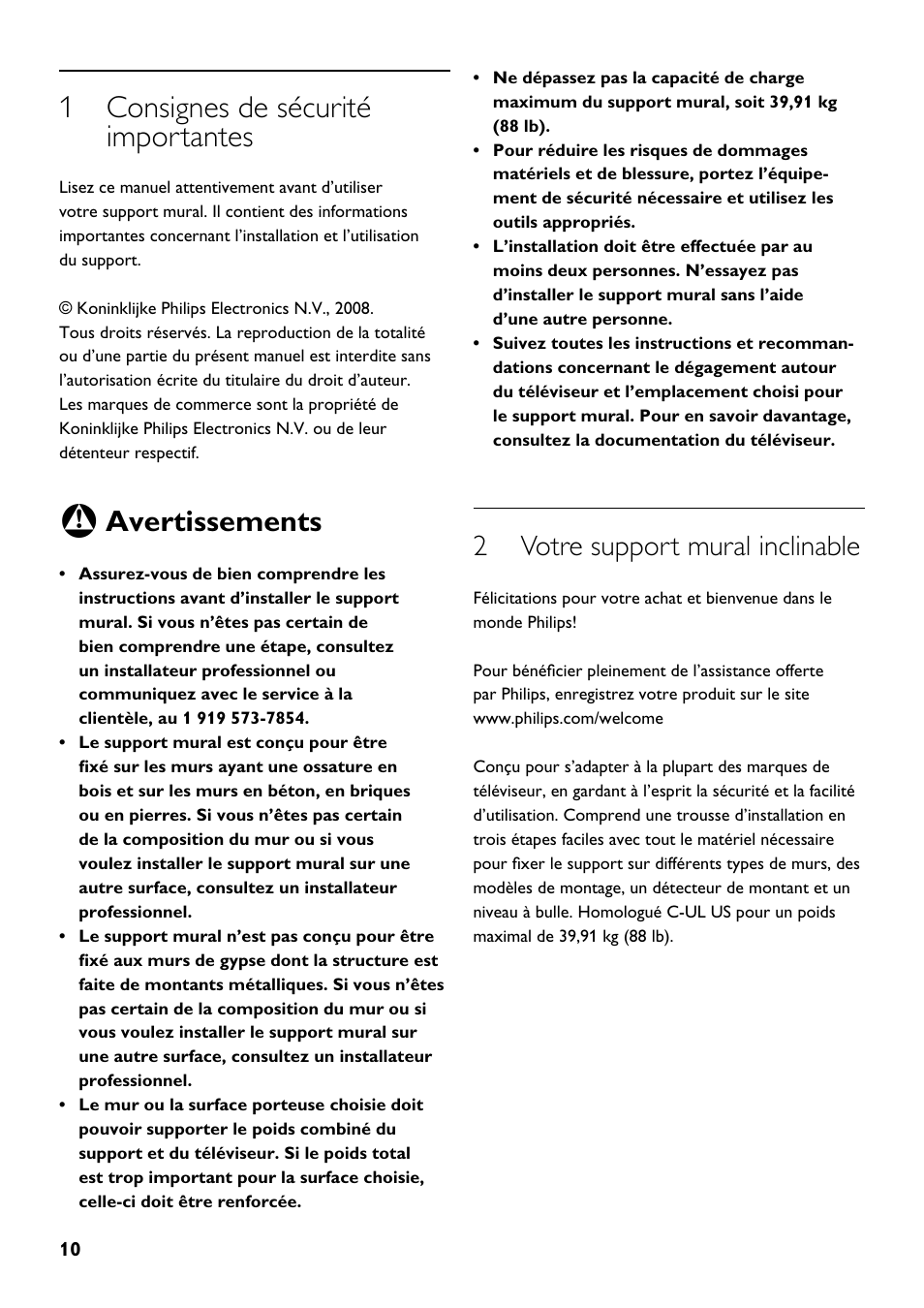 1 consignes de sécurité importantes, Avertissements, 2 votre support mural inclinable | Philips SQM5312/27 User Manual | Page 10 / 24