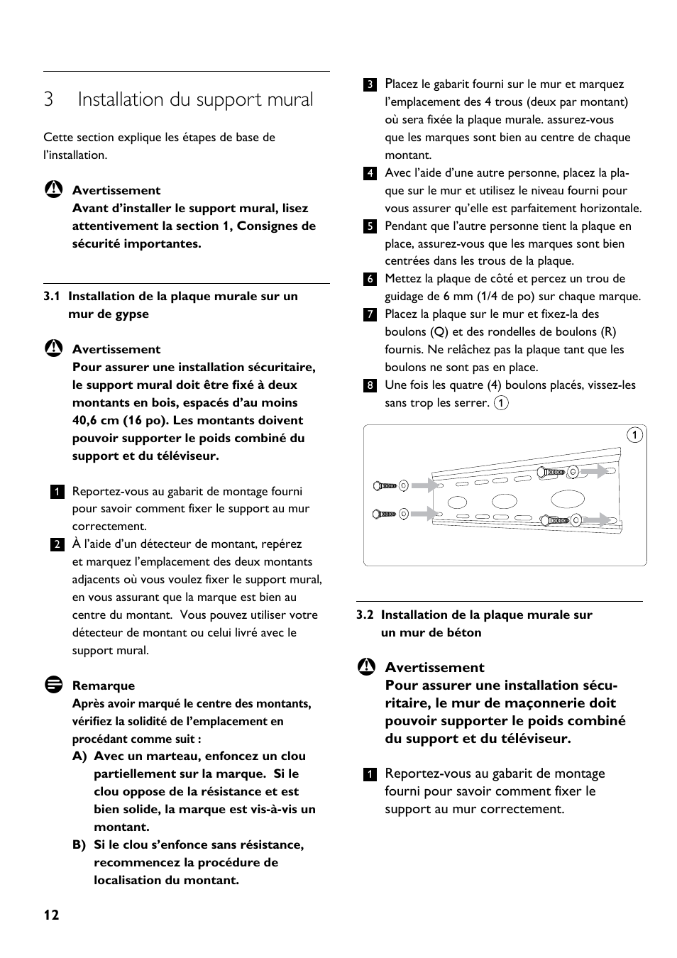 3 installation du support mural | Philips SQM5312/27 User Manual | Page 12 / 24