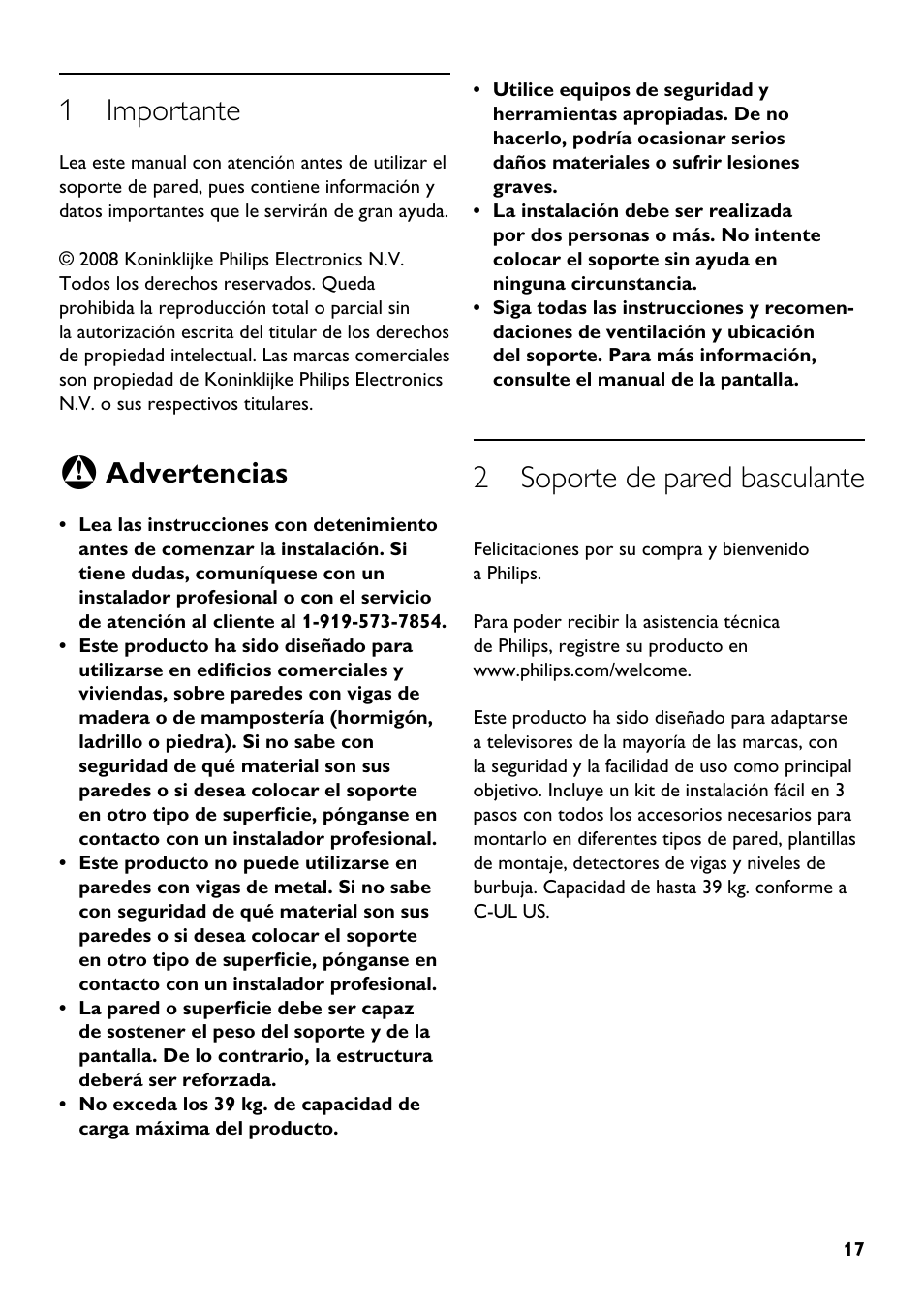 1 importante, 2 soporte de pared basculante, Advertencias | Philips SQM5312/27 User Manual | Page 17 / 24