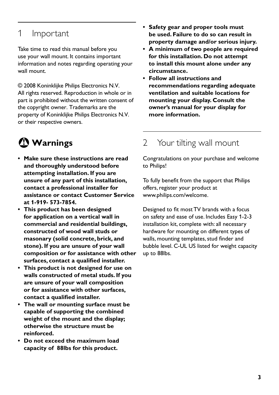 1 important, 2 your tilting wall mount, Warnings | Philips SQM5312/27 User Manual | Page 3 / 24