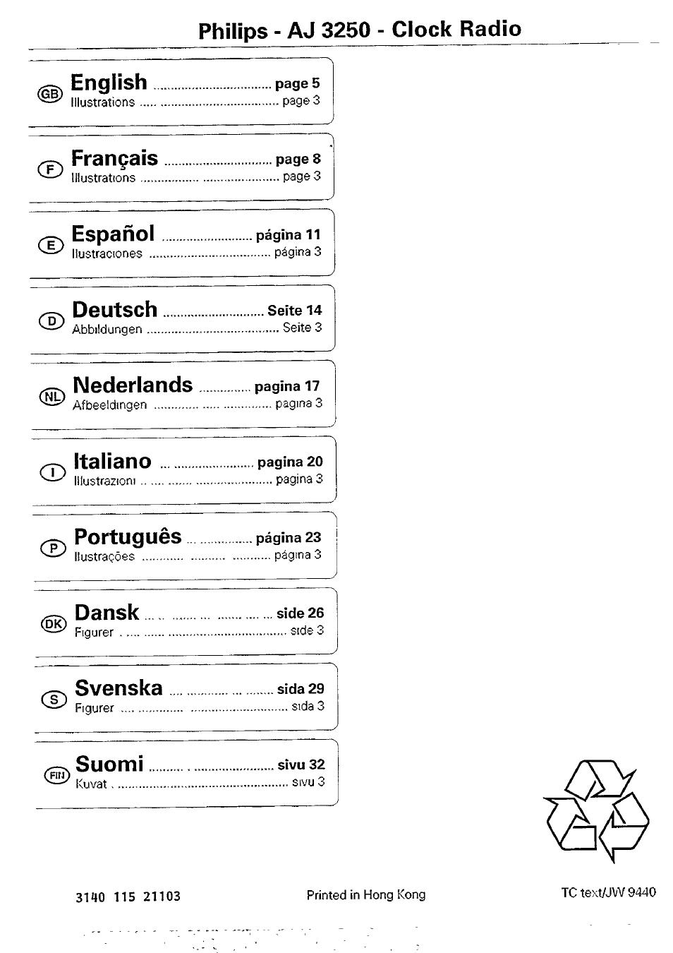 Philips - aj 3250 - clock radio, Español, Deutsch | Nederlands, Cd italiano, Cd portugués, Dansk, Cd svenska, Suomi | Philips AJ 3250/04 User Manual | Page 10 / 10