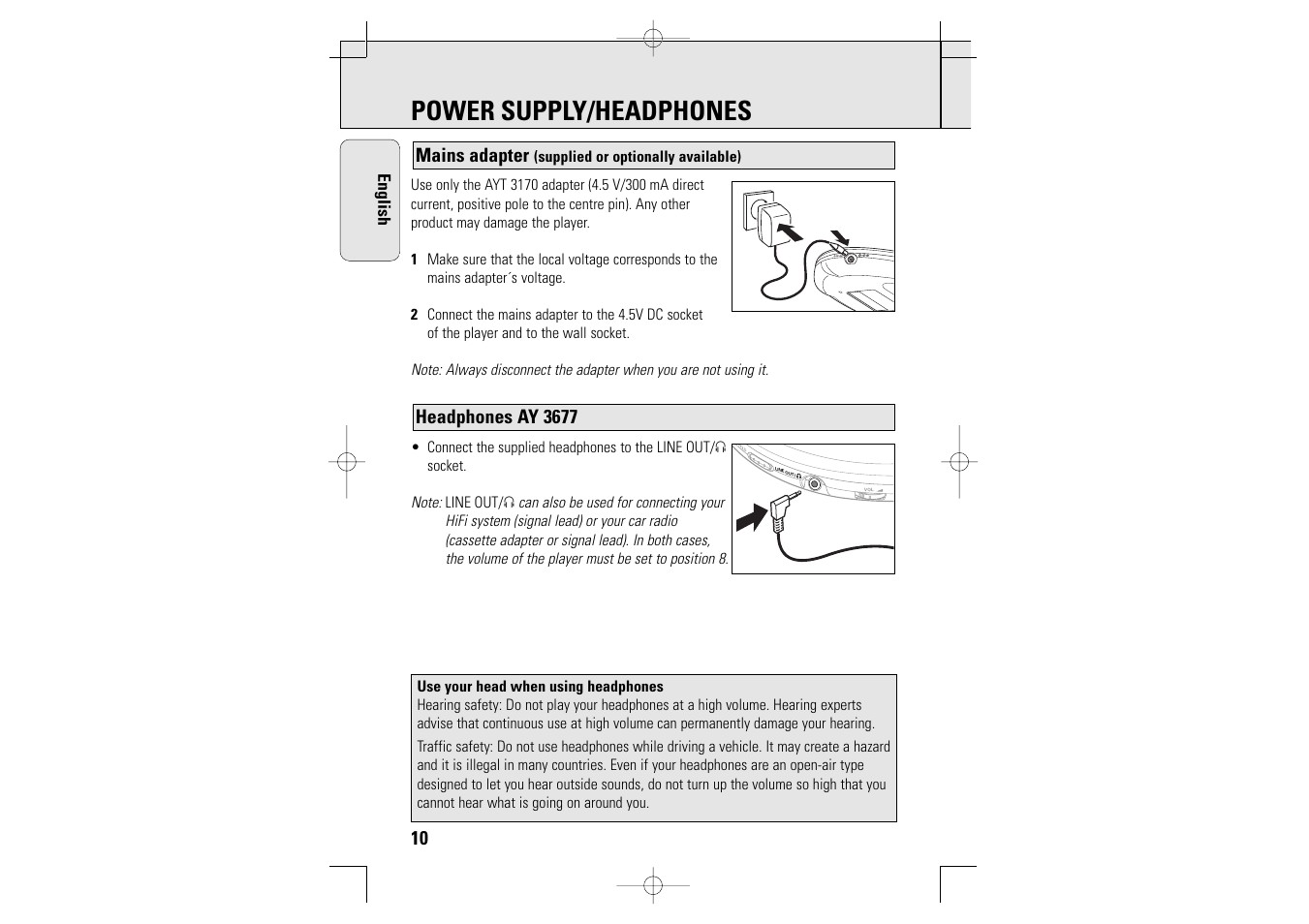 Power supply/headphones | Philips AZT9230 User Manual | Page 10 / 27