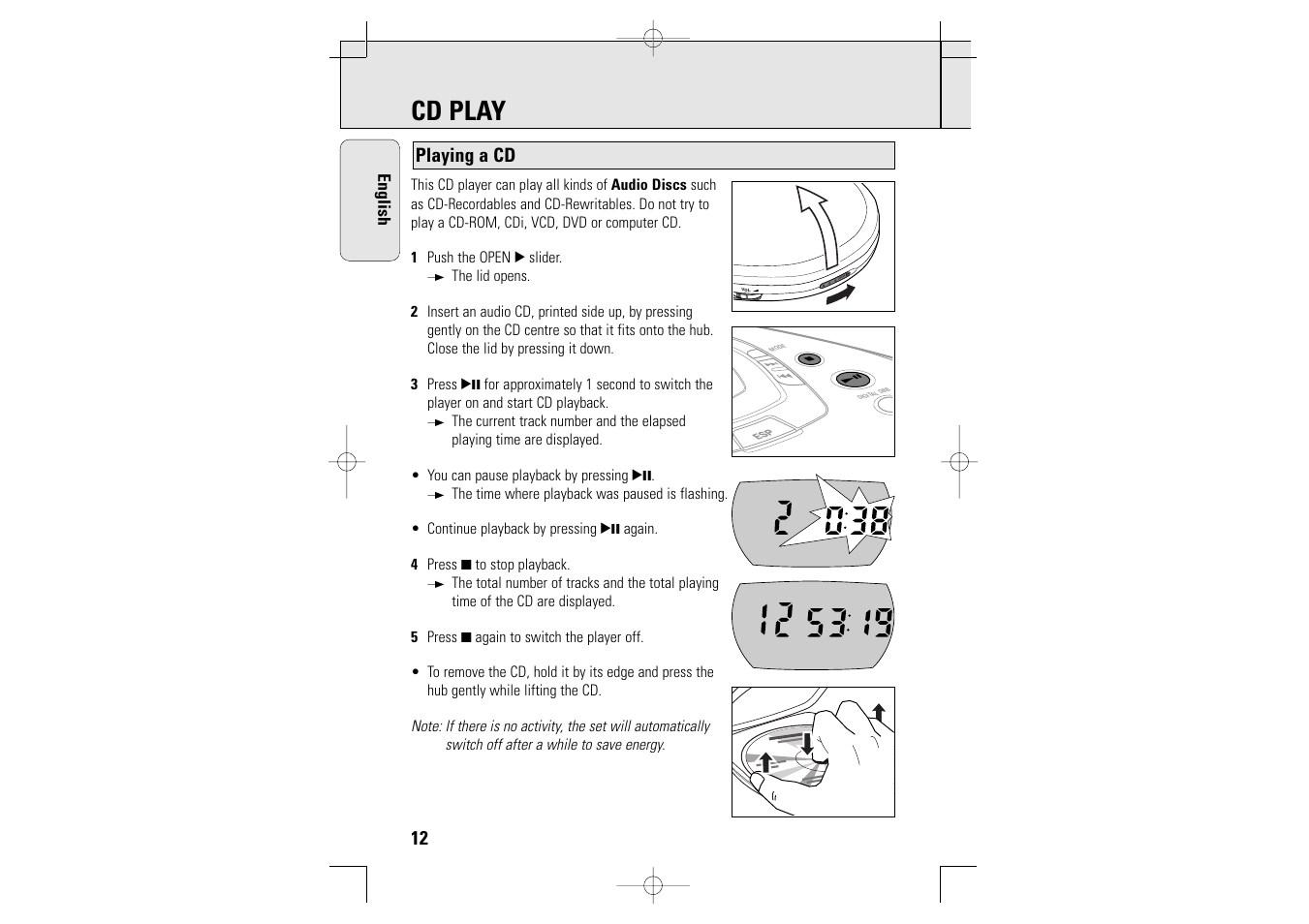 Cd play, Open, Playing a cd | Philips AZT9230 User Manual | Page 12 / 27