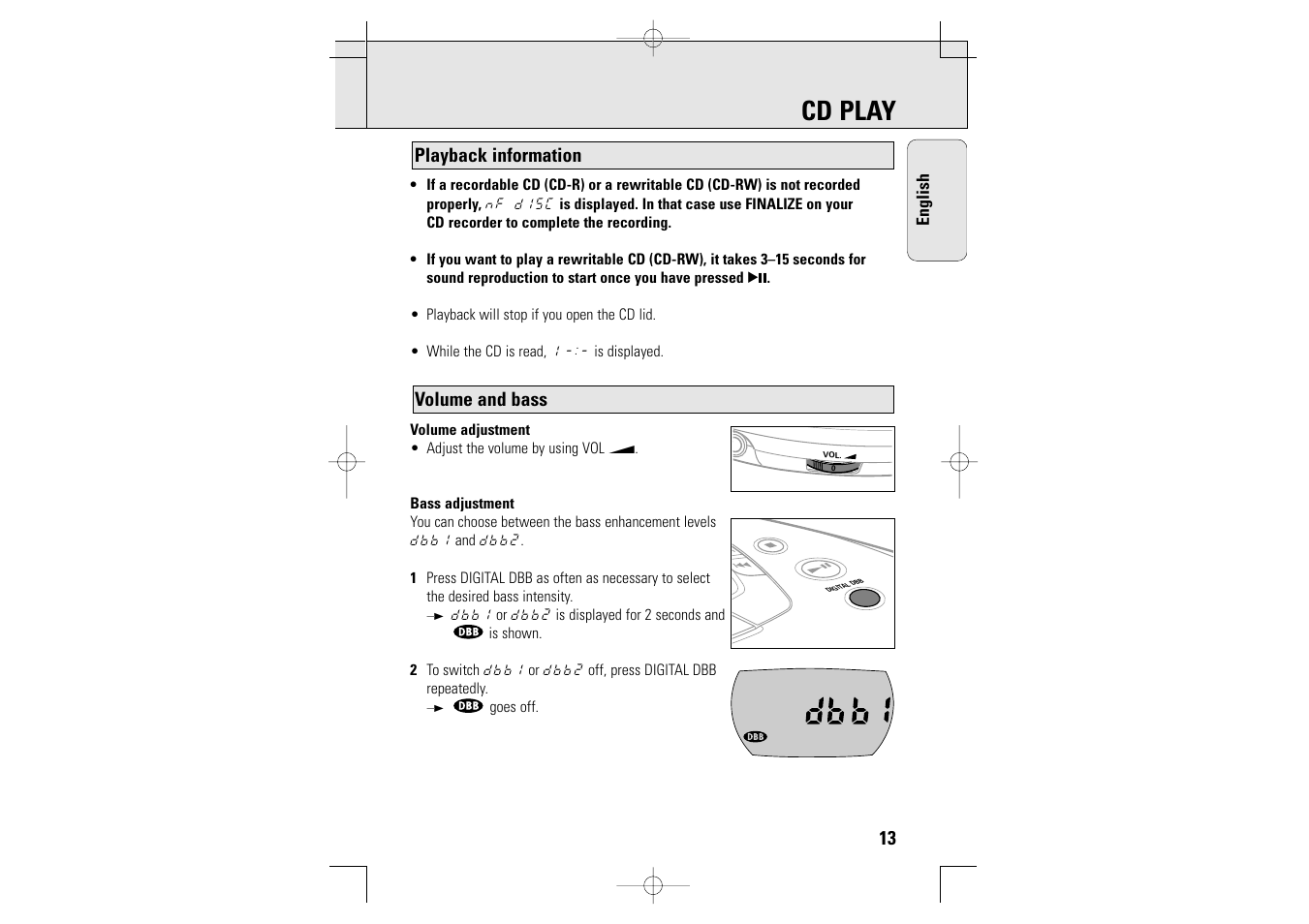 Cd play, Volume and bass playback information | Philips AZT9230 User Manual | Page 13 / 27