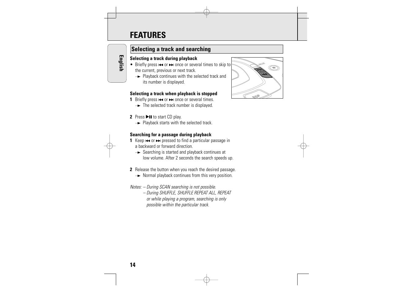 Features, Selecting a track and searching | Philips AZT9230 User Manual | Page 14 / 27