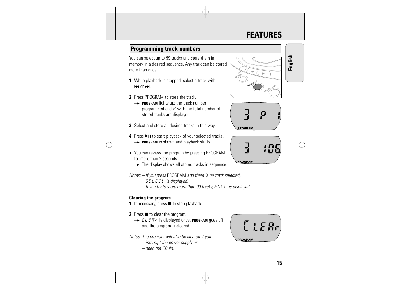 Features, Programming track numbers | Philips AZT9230 User Manual | Page 15 / 27