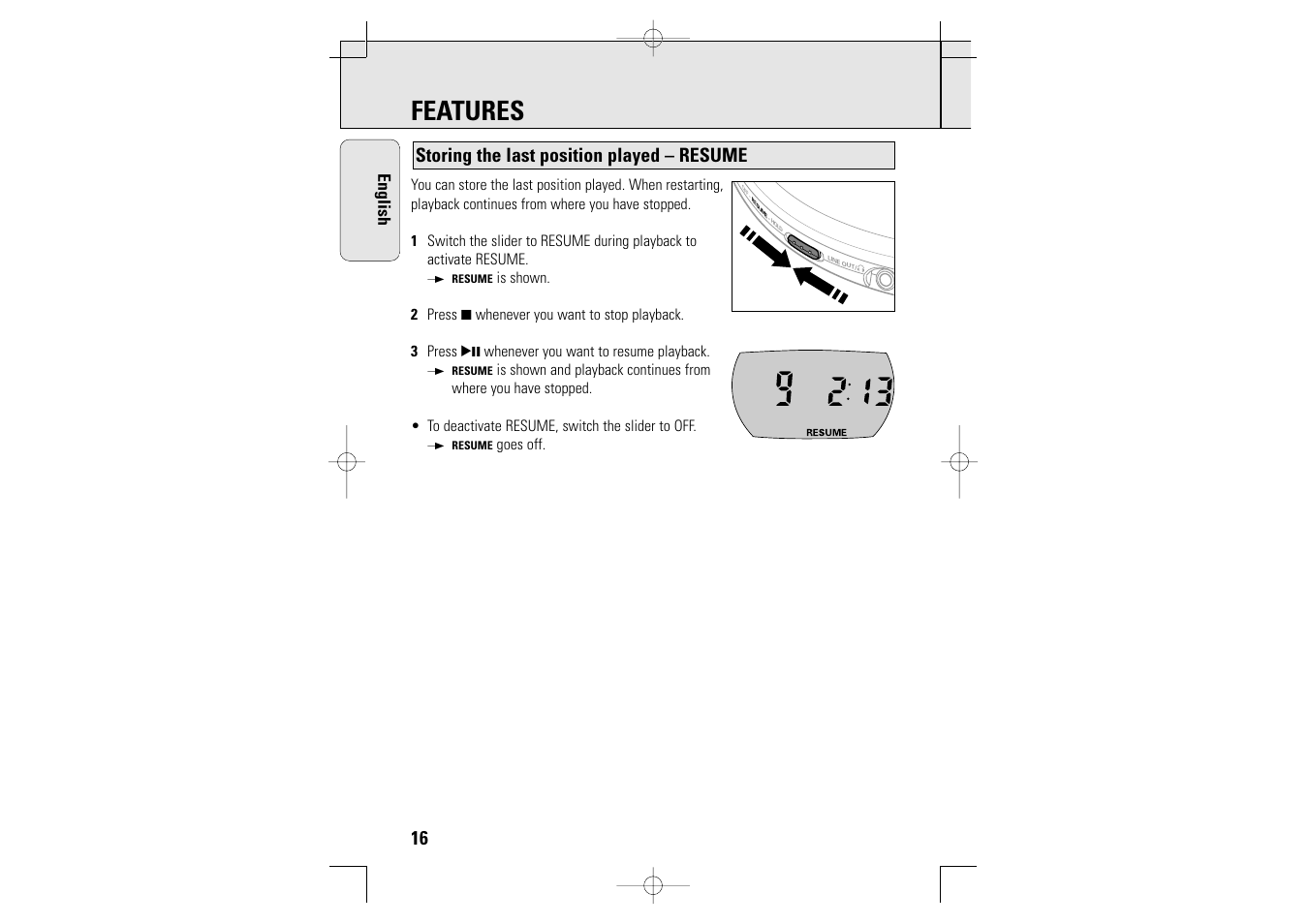 Features, Storing the last position played – resume, English | Philips AZT9230 User Manual | Page 16 / 27