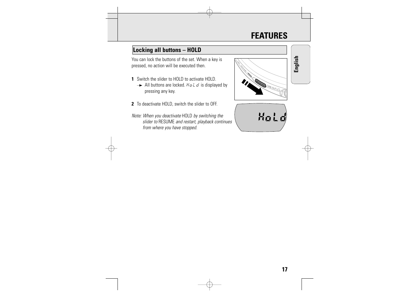 Features, Locking all buttons – hold, English | Philips AZT9230 User Manual | Page 17 / 27