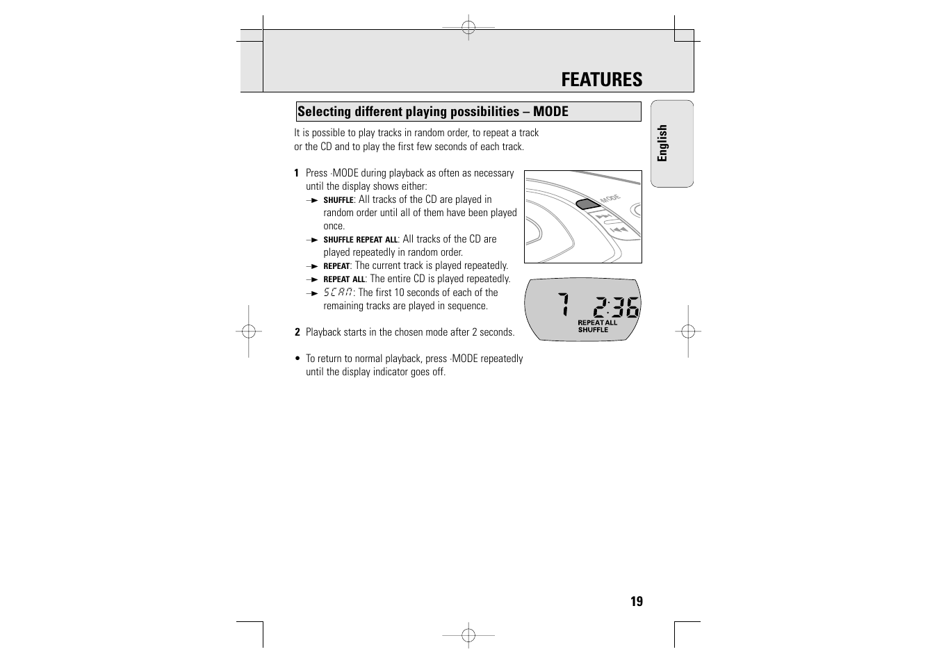 Features, Selecting different playing possibilities – mode | Philips AZT9230 User Manual | Page 19 / 27