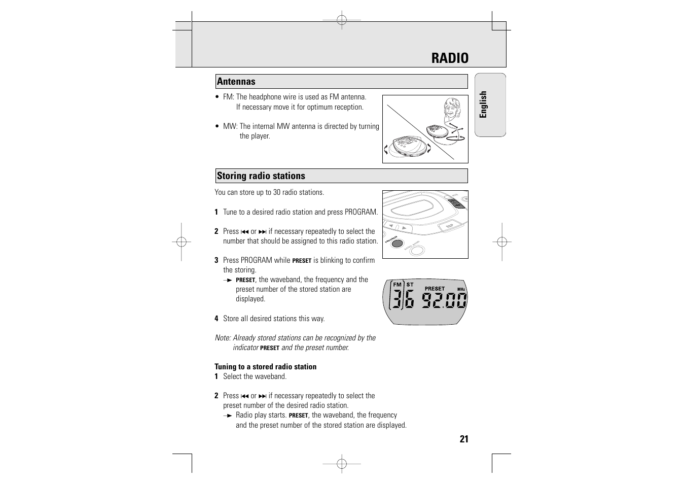 Radio, Storing radio stations 0 open mode 0 open antennas | Philips AZT9230 User Manual | Page 21 / 27