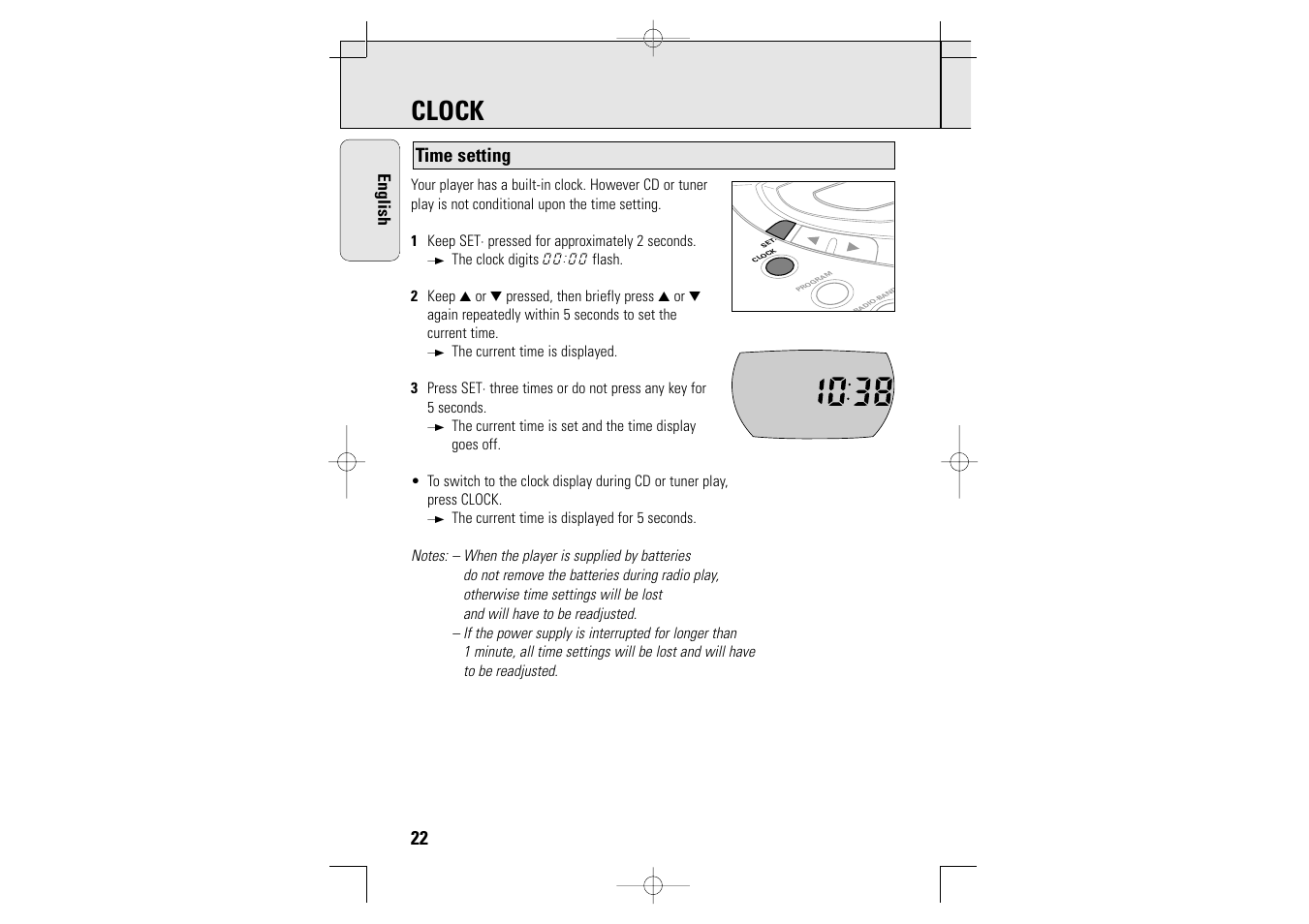Clock, Time setting | Philips AZT9230 User Manual | Page 22 / 27
