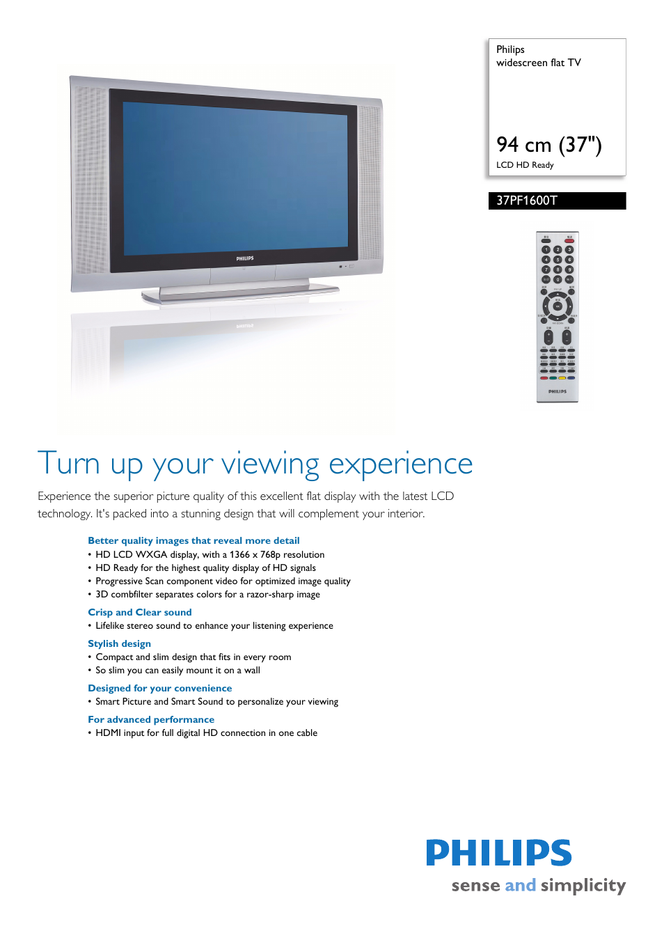 Philips widescreen flat TV 37PF1600T User Manual | 2 pages
