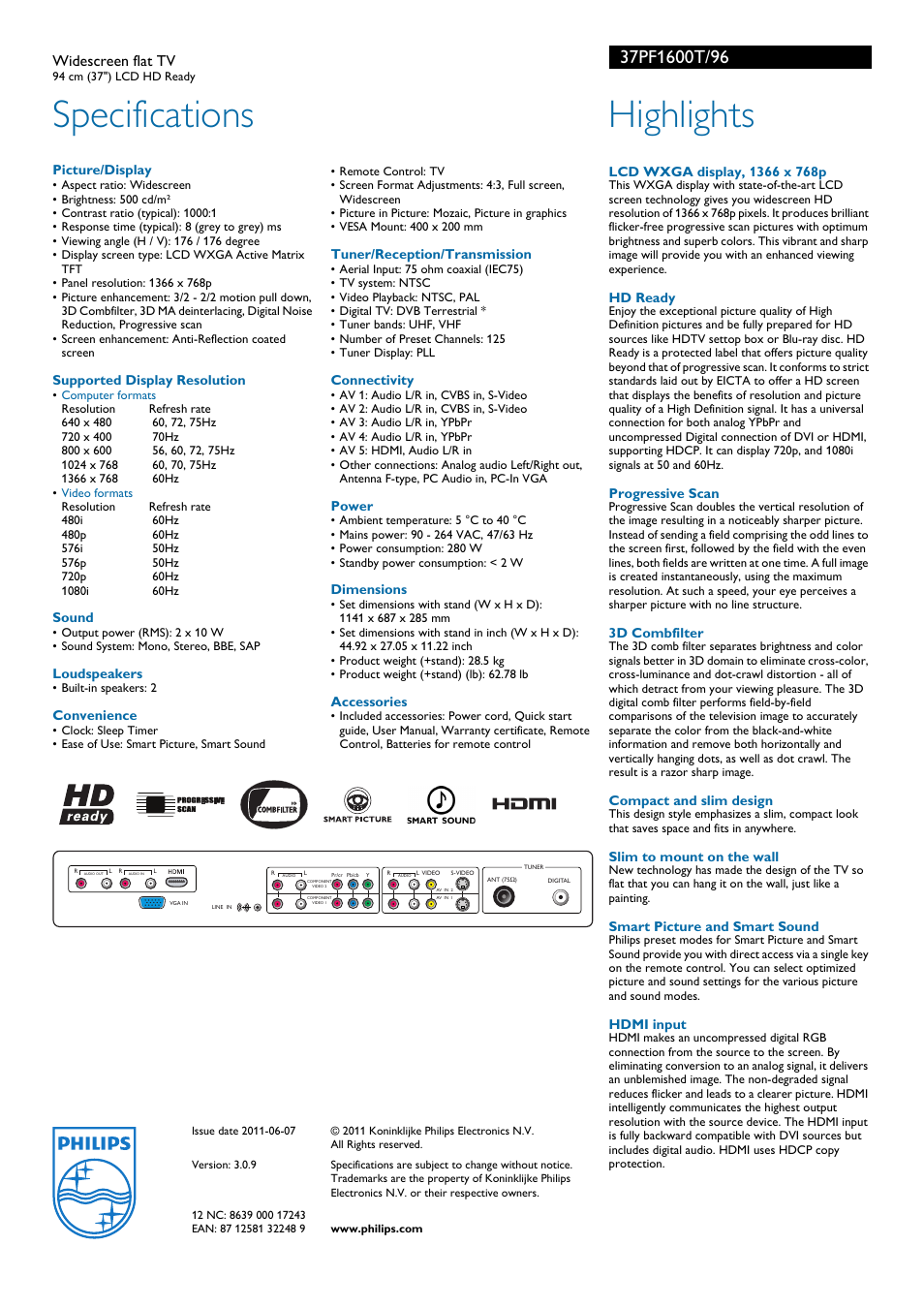 Specifications, Highlights, Widescreen flat tv | Philips widescreen flat TV 37PF1600T User Manual | Page 2 / 2