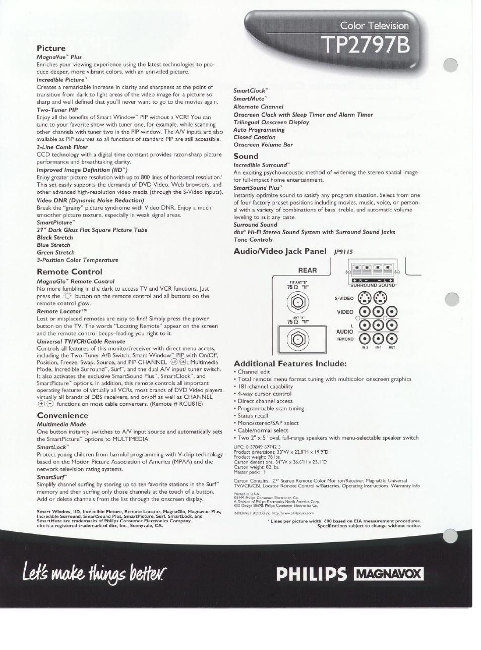 Picture, Remote control, Convenience | Tp2797b, Sound, Audio/video jack panel jp9t is, Additional features include, Mh bett, Philips, Color television | Philips TP2797B User Manual | Page 2 / 2