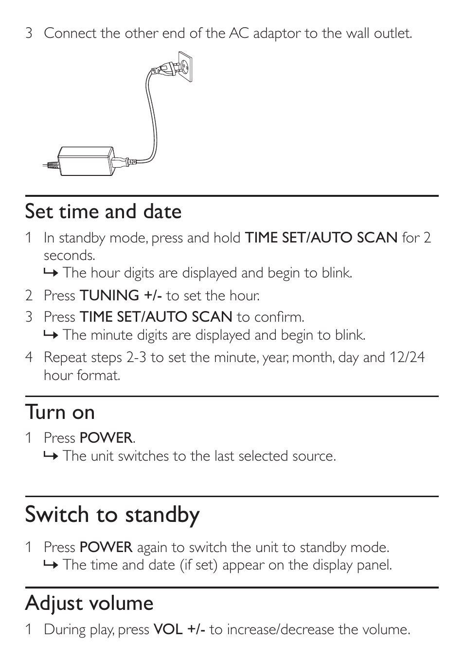 Switch to standby, Set time and date, Turn on | Adjust volume | Philips DC315/79 User Manual | Page 12 / 26