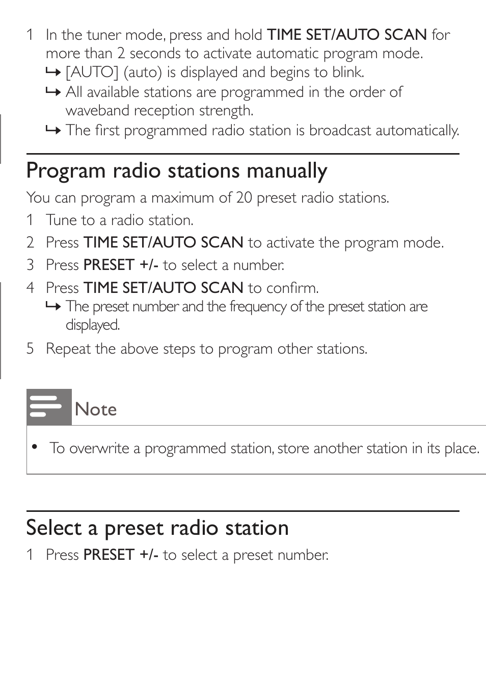 Program radio stations manually, Select a preset radio station | Philips DC315/79 User Manual | Page 17 / 26
